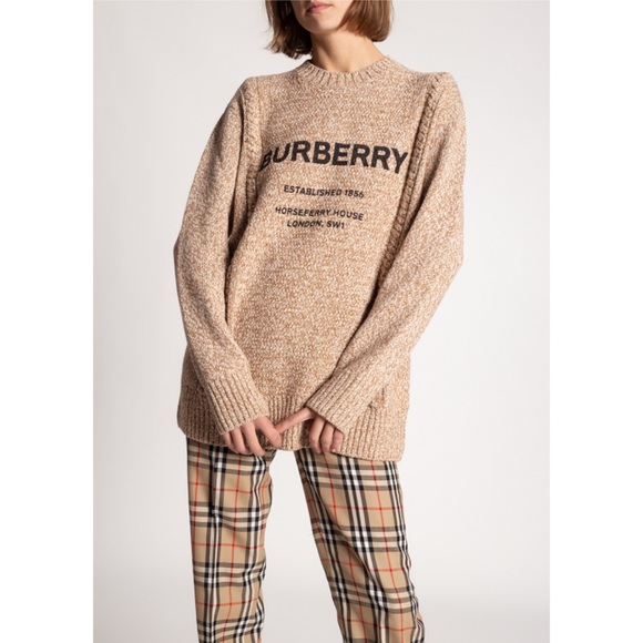 Burberry Horseferry Mabel Camel Beige Wool Cable Knit Sweater Size Large - Picture 1 of 13